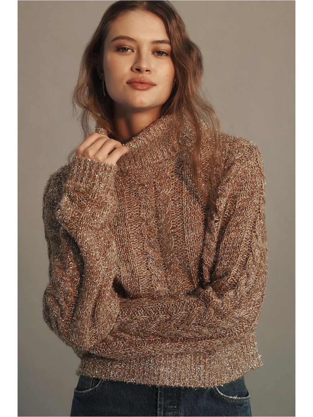 Anthropologie Pilcro Shimmer Metallic Cable Knit Turtleneck Sweater Brown 1X